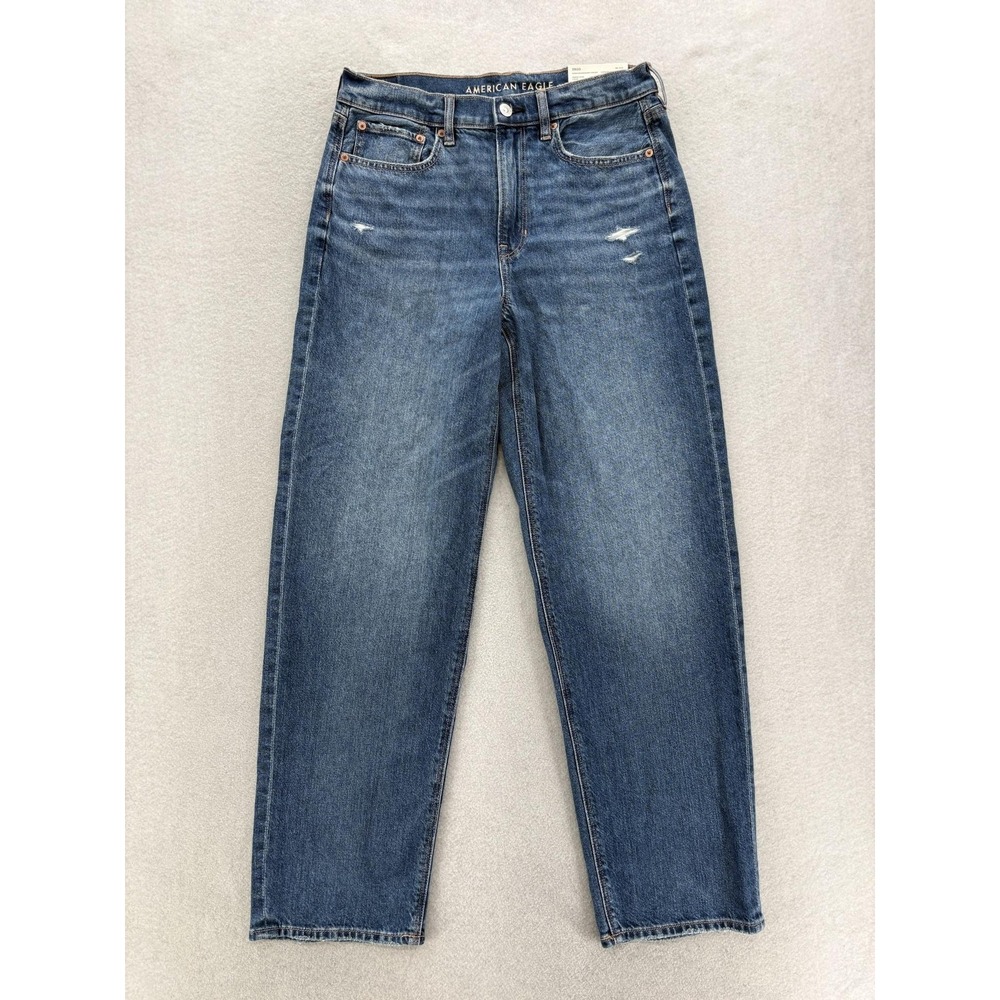 American Eagle Strigid Super High Rise Baggy Straight Jeans Womens 8 Blue Denim